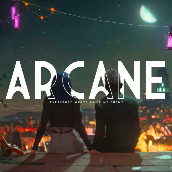 Screenshot of a website with the title Arcane and two people sitting down and looking at the city