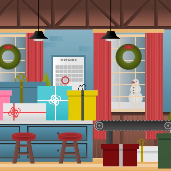 Cartoon of a toy factory with Christmas vibes