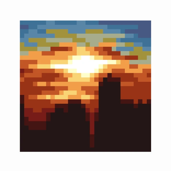 pixel art of a city skyline a sunset