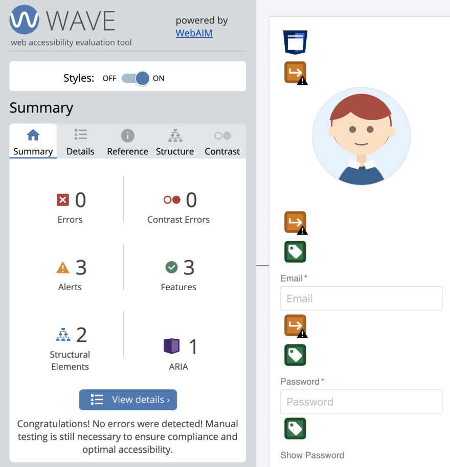 Results from running WebAIM Wave