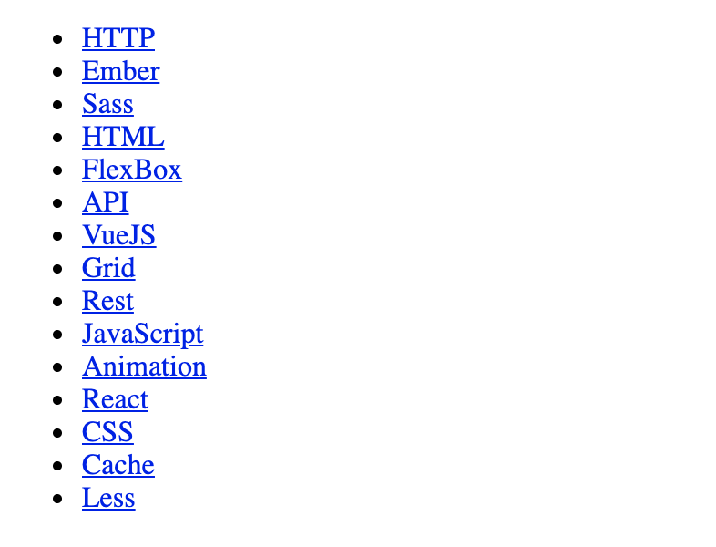 Non-styled list of items generated from the code above