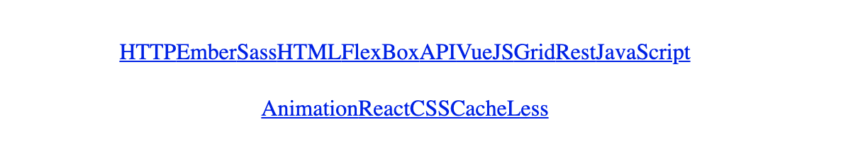 A list of web development terms, all the same size, stuck horizontally