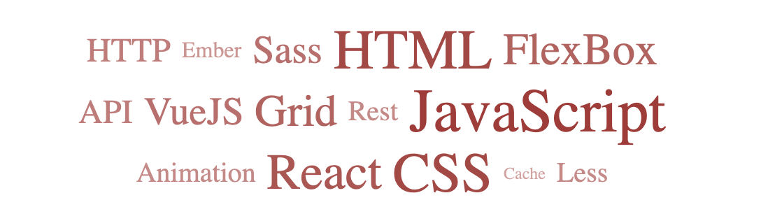 Word cloud with web development terms in different tones of the same color