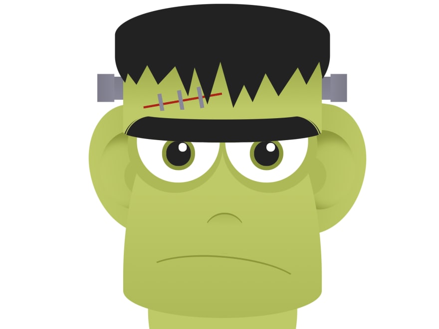 Face of a man with a scar and screws on his forehead, and a serious frown