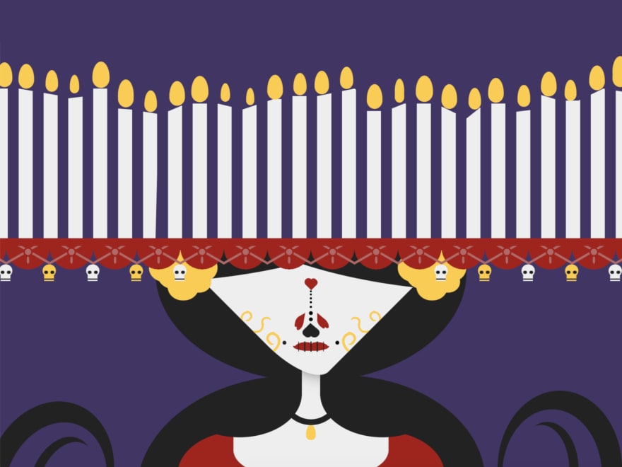 Cartoon of La Muerte, inspired by La Catrina, a traditional Mexican figure associated with the Day of the Dead
