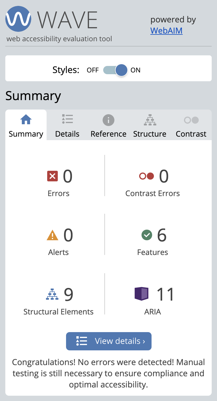 Screenshot from WebAIM Wave results, no errors or warnings