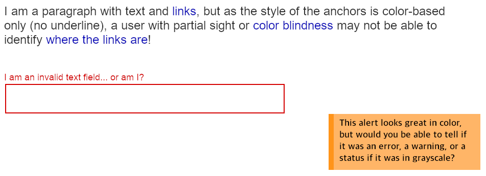 Examples of non-accessible components and elements (a link, an input, and an alert)