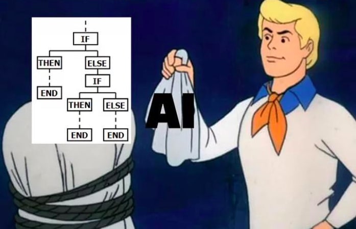 Screenshot from the TV show Scooby Doo showing a character removing the mask from a person. The mask says "AI" and the face it reveals is a bunch of if statements