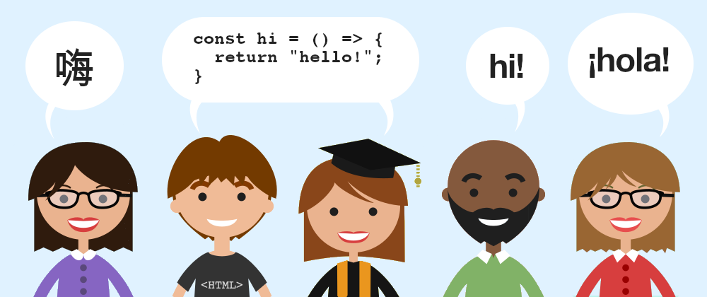 People with speech bubbles saying hello in different languages