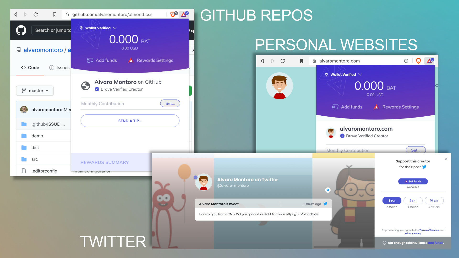 Screenshots of banners and popups with tipping information on Brave for Alvaro Montoro