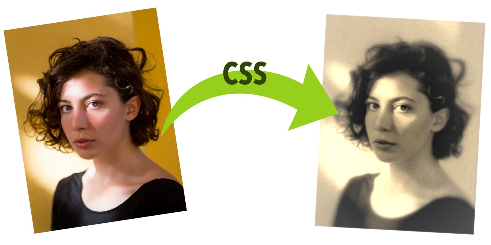 A picture of a woman with an arrow and the text CSS pointing to the same picture but old-looking (in sepia, blurry, and with noise)