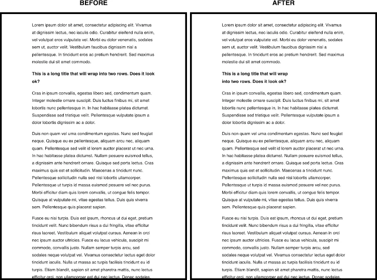 side by side comparison. Left (before): a heading occupies two rows, the second one has only 1 word. Right (after): the heading occupies two rows of similar width.