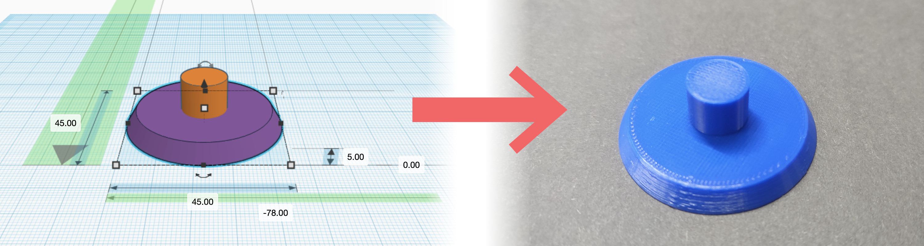 Left side a 3D design of a kayak plug, right side the printed version