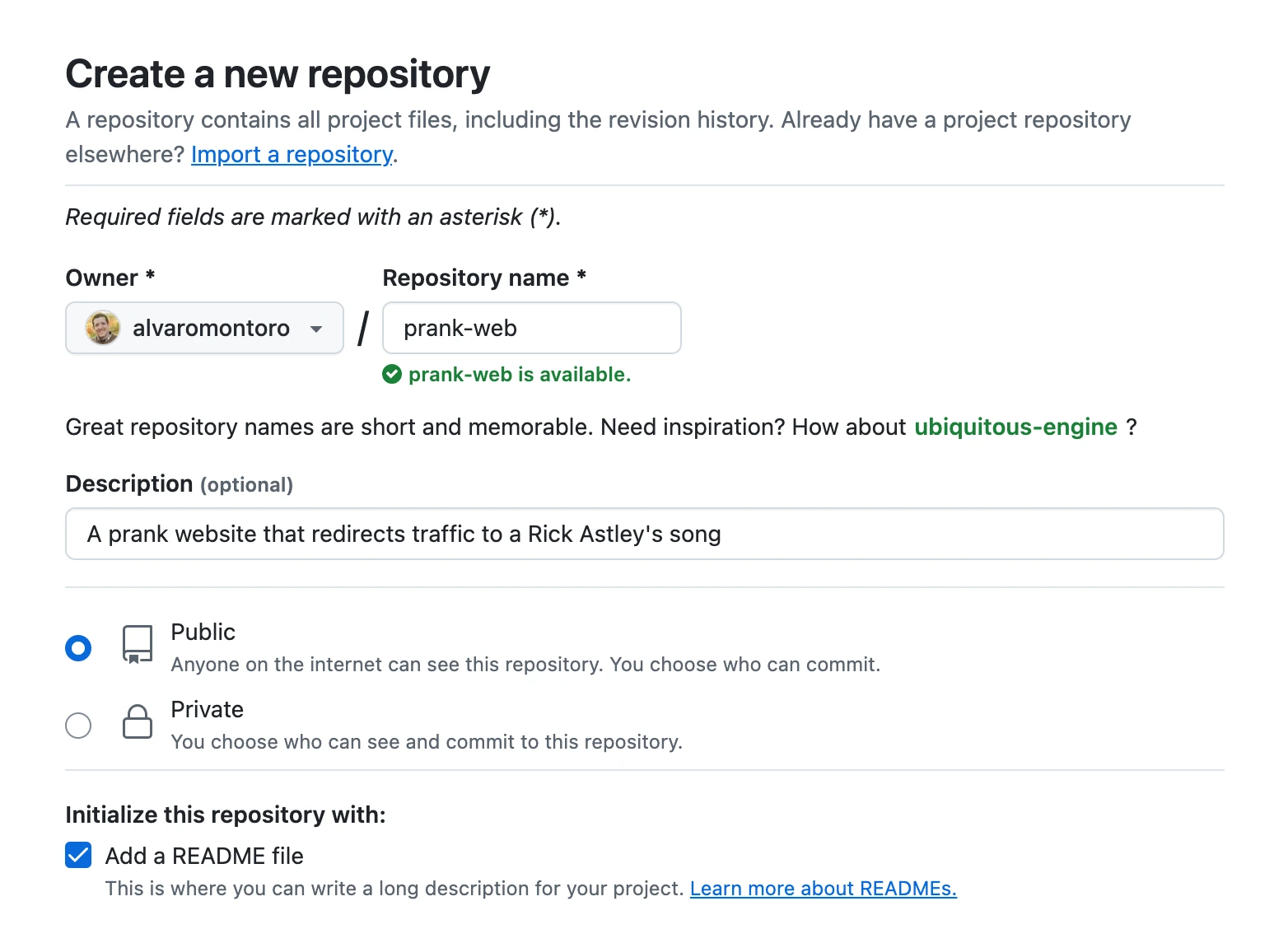 Screenshot of the 'Create a new repository' section on GitHub