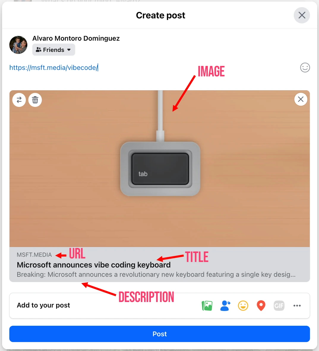 Screenshot of media card on Facebook with descriptions of the media card elements