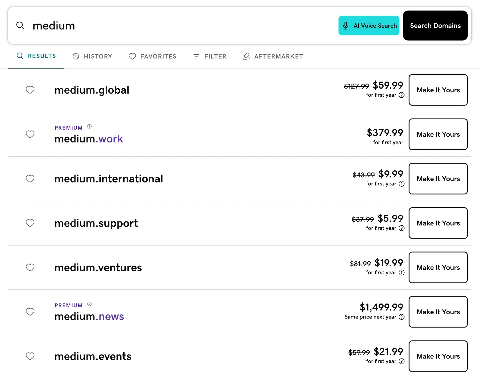 screenshot of GoDaddy with available domains with medium.something