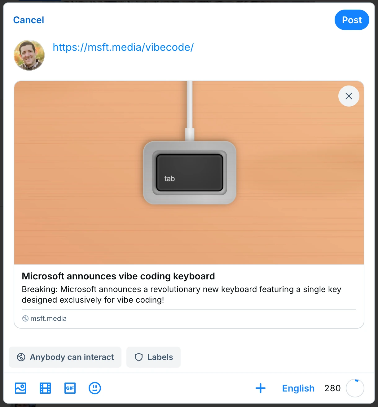 screenshot of blueskey with a prank link that looks 'legit'