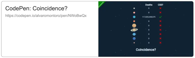 Screenshot of a card with the title "CodePen: Coincidence?" and a thumbnail image
