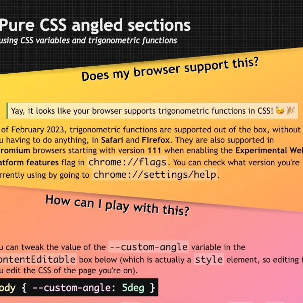 screenshot of a tutorial on how to generate angled sections on CSS