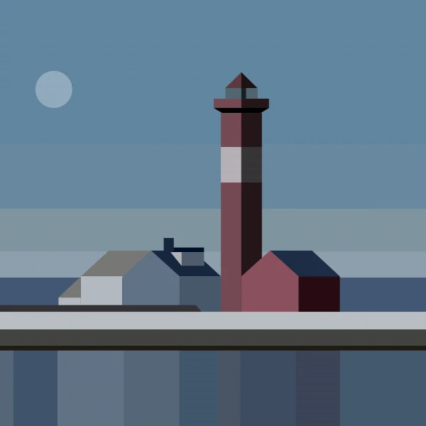Minimalistic drawing of a lighthouse and some houses