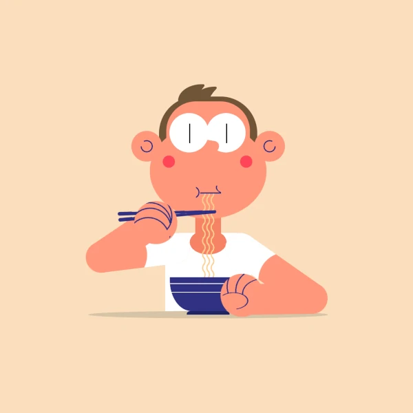 cartoon of a man eating noodles