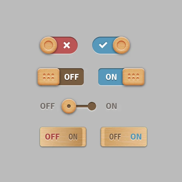 a collection of wooden toggle buttons