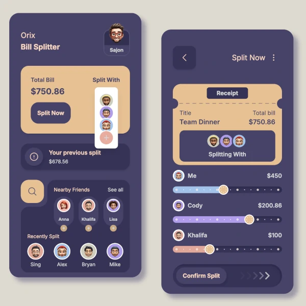 Two prototype screens for an app, side by side
