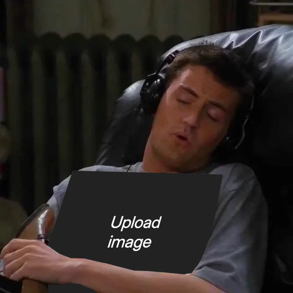screenshot from the TV show Friends with Chandler (a white man sleeping) holding a blank vinyl cover with the text 'upload image'