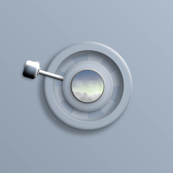 A clock with a handle and a window to the clouds