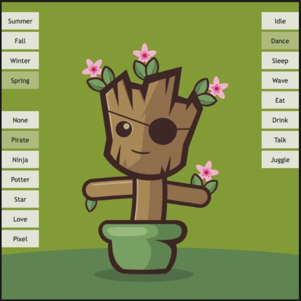 baby groot on a planter with options for it to do things