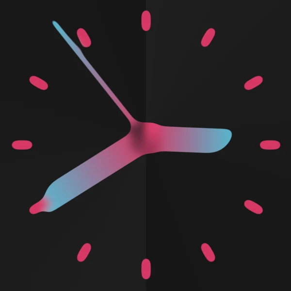 A gooey-looking clock in blue and pink over a dark background