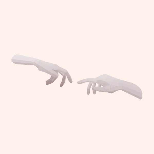 two three-dimensional hands reaching to each other