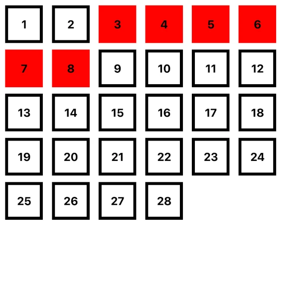list of squares with numbers some of them in red