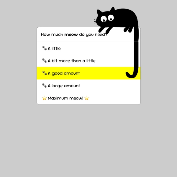 a dropdown with a cat on top, its tail grows to match the hovered item