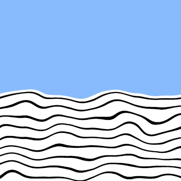 An illustration with a blue background and wavy white and black lines