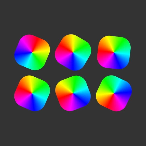 6 colorful shapes over a gray background