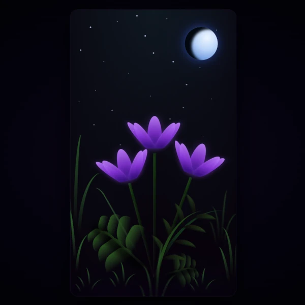 Illustration of 3 flowers at night with a full moon