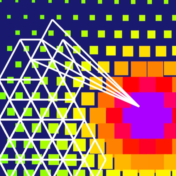 Colorful squares with triangular white lines over them